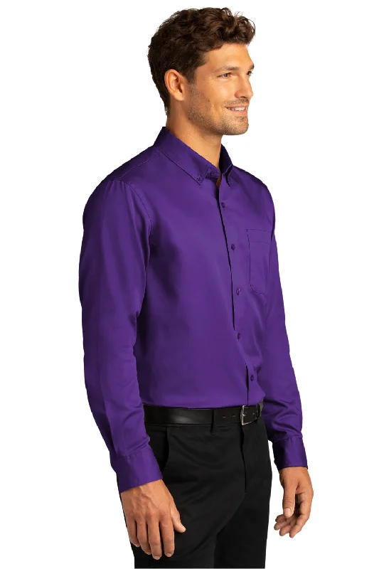 Port Authority Mens SuperPro Wrinkle Resistant React Long Sleeve Button Down Shirt w/ Pocket - Purple