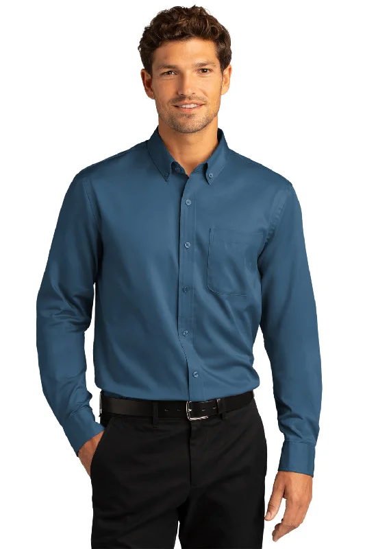 Port Authority Mens SuperPro Wrinkle Resistant React Long Sleeve Button Down Shirt w/ Pocket - Regatta Blue