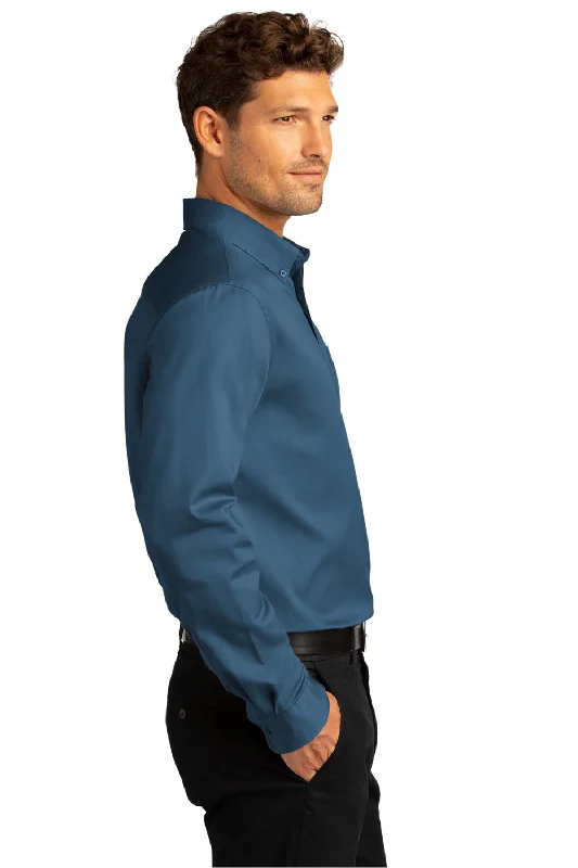 Port Authority Mens SuperPro Wrinkle Resistant React Long Sleeve Button Down Shirt w/ Pocket - Regatta Blue