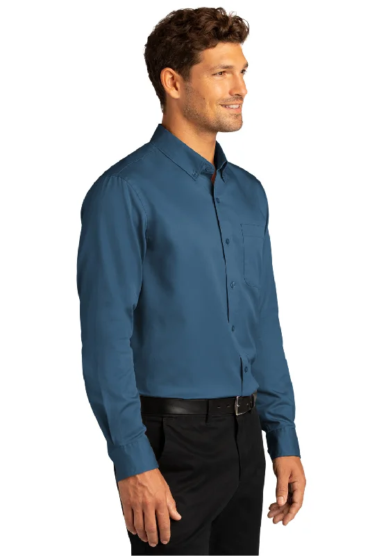 Port Authority Mens SuperPro Wrinkle Resistant React Long Sleeve Button Down Shirt w/ Pocket - Regatta Blue