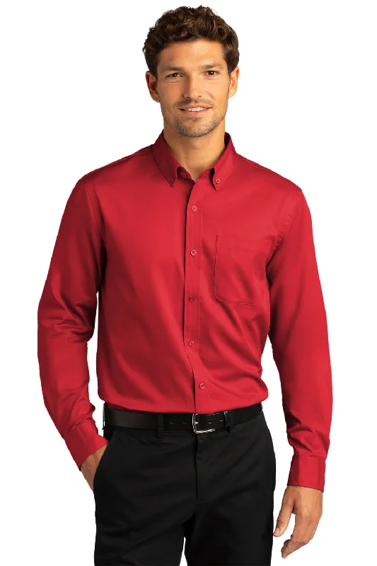 Port Authority Mens SuperPro Wrinkle Resistant React Long Sleeve Button Down Shirt w/ Pocket - Rich Red