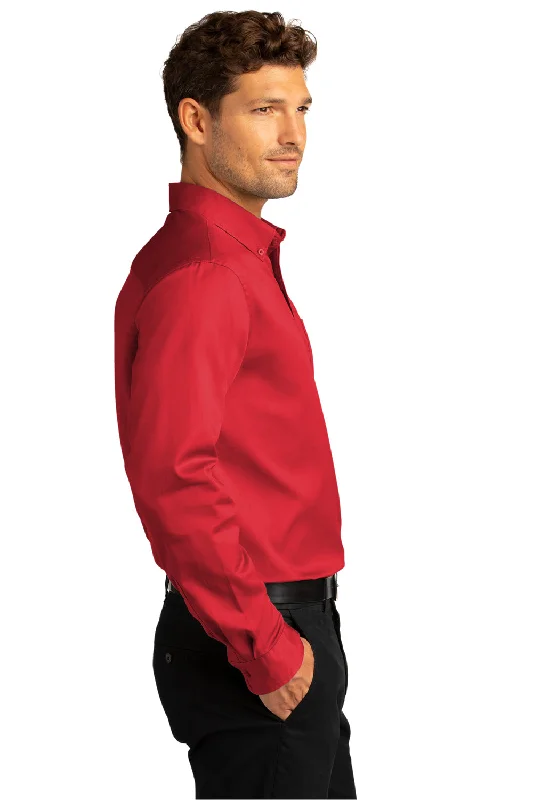 Port Authority Mens SuperPro Wrinkle Resistant React Long Sleeve Button Down Shirt w/ Pocket - Rich Red