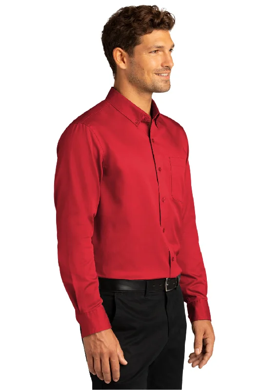 Port Authority Mens SuperPro Wrinkle Resistant React Long Sleeve Button Down Shirt w/ Pocket - Rich Red