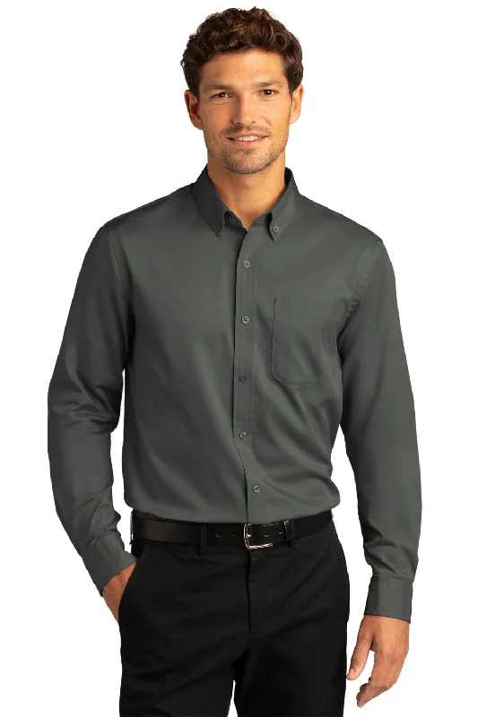 Port Authority Mens SuperPro Wrinkle Resistant React Long Sleeve Button Down Shirt w/ Pocket - Storm Grey