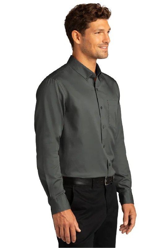 Port Authority Mens SuperPro Wrinkle Resistant React Long Sleeve Button Down Shirt w/ Pocket - Storm Grey