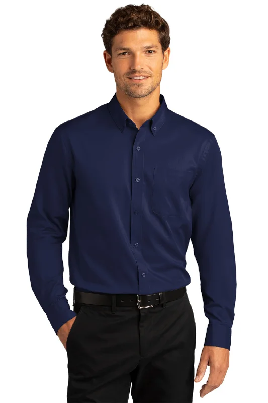 Port Authority Mens SuperPro Wrinkle Resistant React Long Sleeve Button Down Shirt w/ Pocket - True Navy Blue