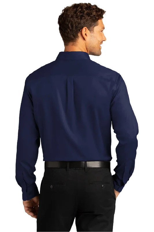 Port Authority Mens SuperPro Wrinkle Resistant React Long Sleeve Button Down Shirt w/ Pocket - True Navy Blue