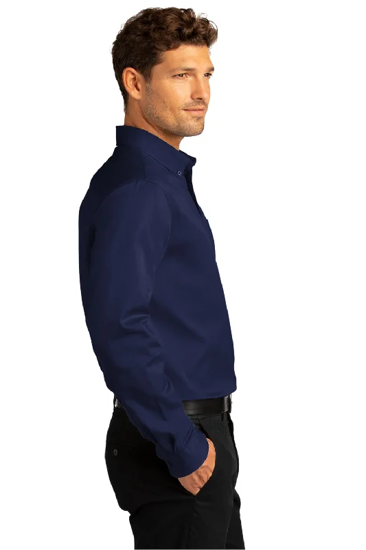 Port Authority Mens SuperPro Wrinkle Resistant React Long Sleeve Button Down Shirt w/ Pocket - True Navy Blue