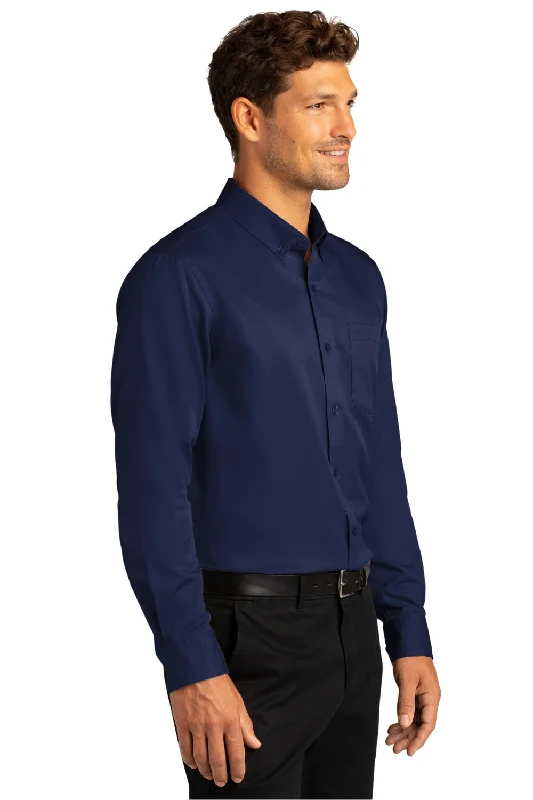 Port Authority Mens SuperPro Wrinkle Resistant React Long Sleeve Button Down Shirt w/ Pocket - True Navy Blue