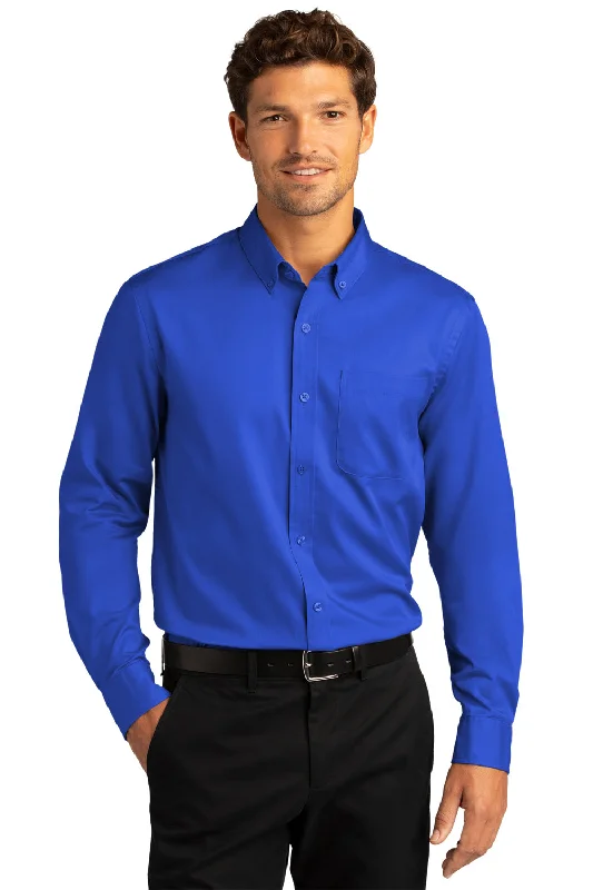 Port Authority Mens SuperPro Wrinkle Resistant React Long Sleeve Button Down Shirt w/ Pocket - True Royal Blue