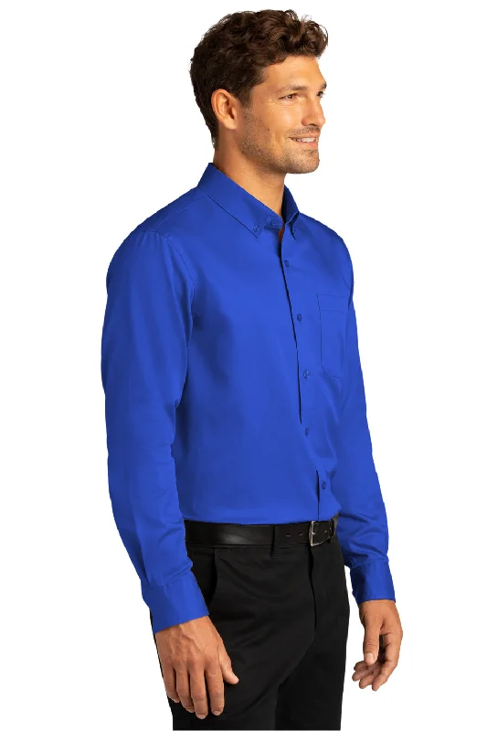 Port Authority Mens SuperPro Wrinkle Resistant React Long Sleeve Button Down Shirt w/ Pocket - True Royal Blue