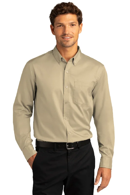 Port Authority Mens SuperPro Wrinkle Resistant React Long Sleeve Button Down Shirt w/ Pocket - Wheat