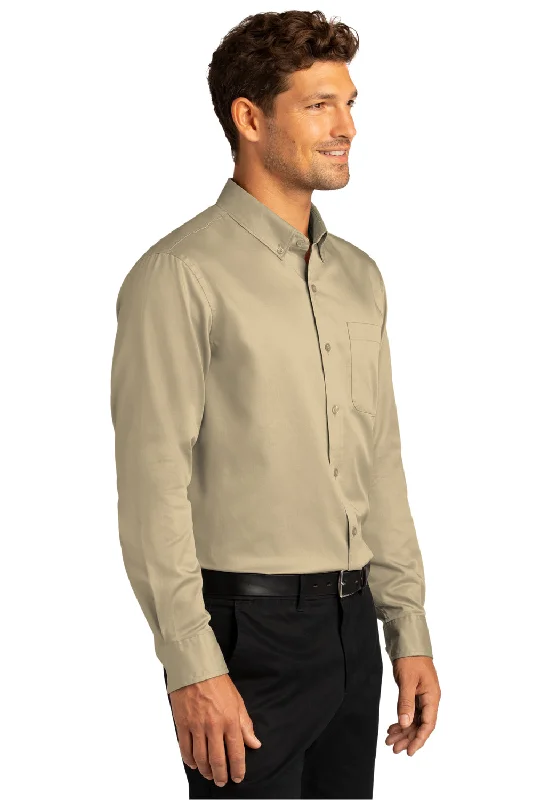 Port Authority Mens SuperPro Wrinkle Resistant React Long Sleeve Button Down Shirt w/ Pocket - Wheat