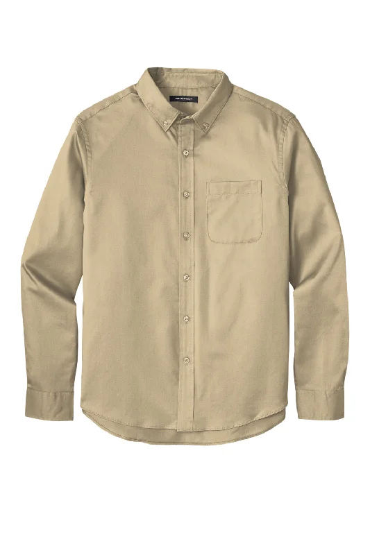 Port Authority Mens SuperPro Wrinkle Resistant React Long Sleeve Button Down Shirt w/ Pocket - Wheat