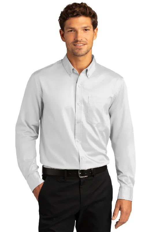 Port Authority Mens SuperPro Wrinkle Resistant React Long Sleeve Button Down Shirt w/ Pocket - White