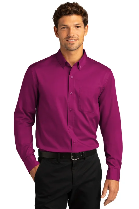 Port Authority Mens SuperPro Wrinkle Resistant React Long Sleeve Button Down Shirt w/ Pocket - Wild Berry