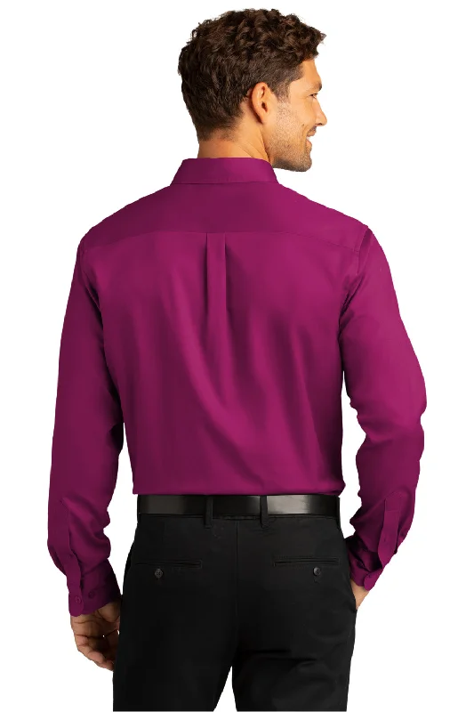 Port Authority Mens SuperPro Wrinkle Resistant React Long Sleeve Button Down Shirt w/ Pocket - Wild Berry