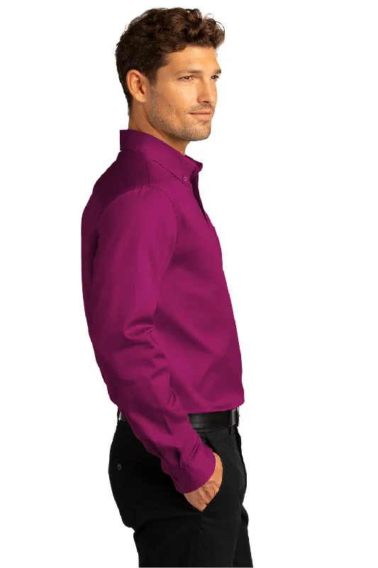 Port Authority Mens SuperPro Wrinkle Resistant React Long Sleeve Button Down Shirt w/ Pocket - Wild Berry