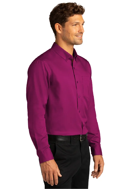 Port Authority Mens SuperPro Wrinkle Resistant React Long Sleeve Button Down Shirt w/ Pocket - Wild Berry