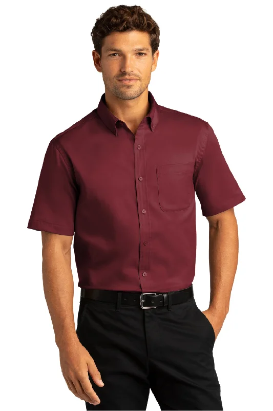 Port Authority Mens SuperPro Wrinkle Resistant React Short Sleeve Button Down Shirt w/ Pocket - Burgundy