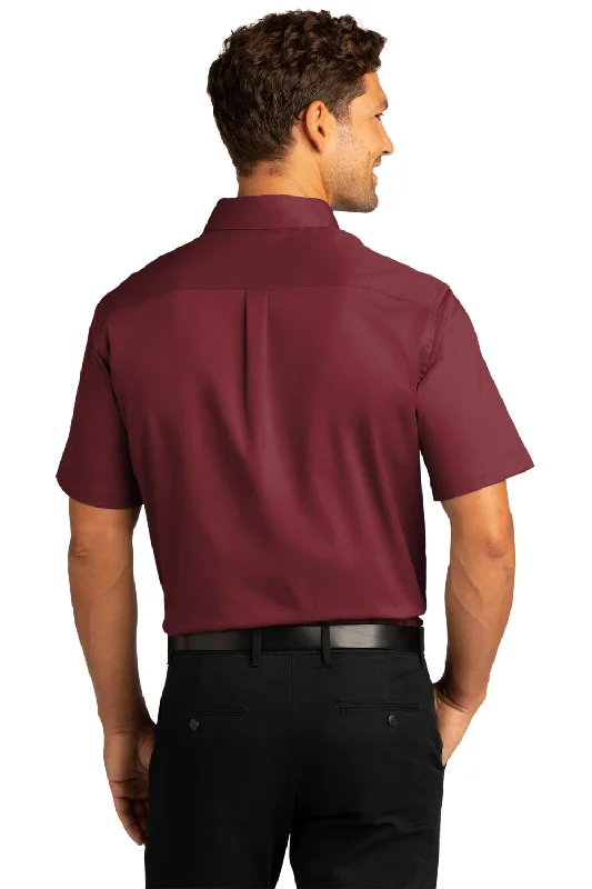 Port Authority Mens SuperPro Wrinkle Resistant React Short Sleeve Button Down Shirt w/ Pocket - Burgundy