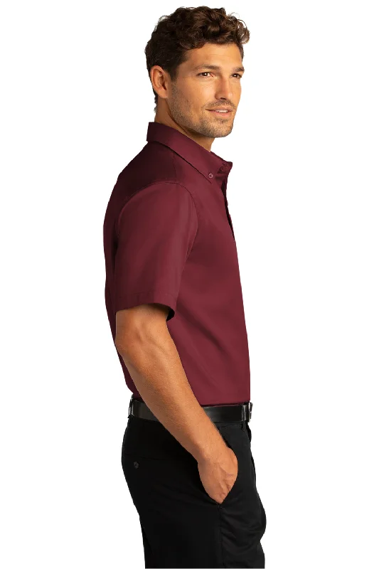 Port Authority Mens SuperPro Wrinkle Resistant React Short Sleeve Button Down Shirt w/ Pocket - Burgundy