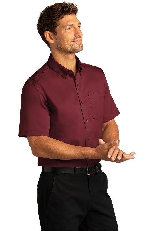 Port Authority Mens SuperPro Wrinkle Resistant React Short Sleeve Button Down Shirt w/ Pocket - Burgundy