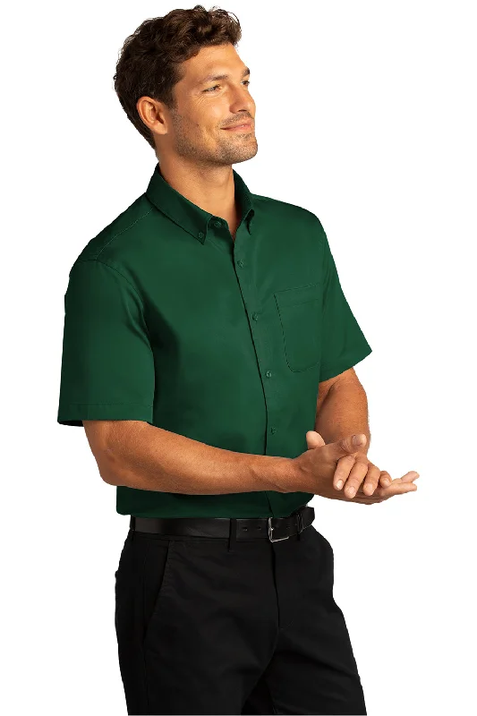 Port Authority Mens SuperPro Wrinkle Resistant React Short Sleeve Button Down Shirt w/ Pocket - Dark Green