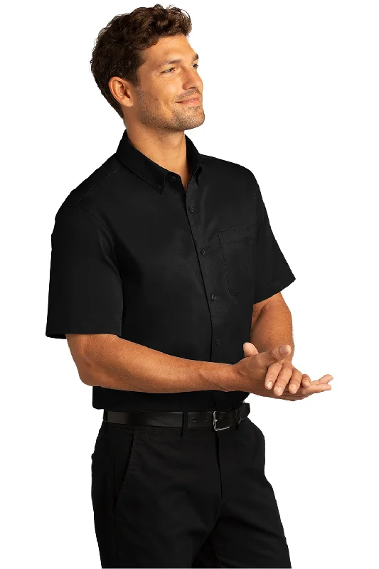 Port Authority Mens SuperPro Wrinkle Resistant React Short Sleeve Button Down Shirt w/ Pocket - Deep Black