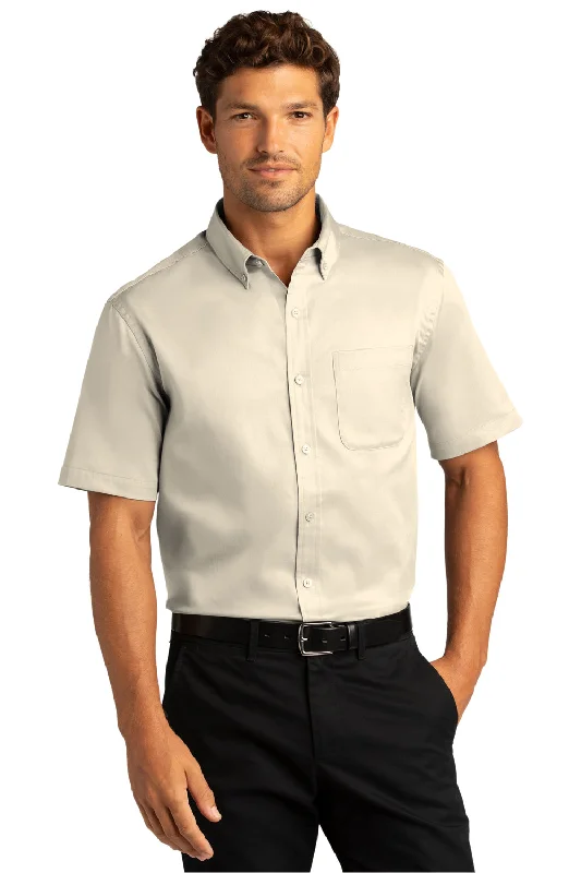 Port Authority Mens SuperPro Wrinkle Resistant React Short Sleeve Button Down Shirt w/ Pocket - Ecru