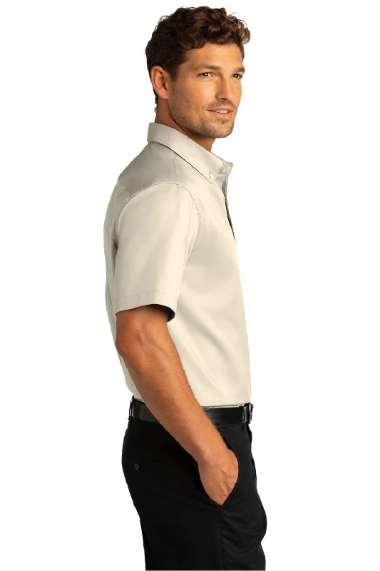 Port Authority Mens SuperPro Wrinkle Resistant React Short Sleeve Button Down Shirt w/ Pocket - Ecru