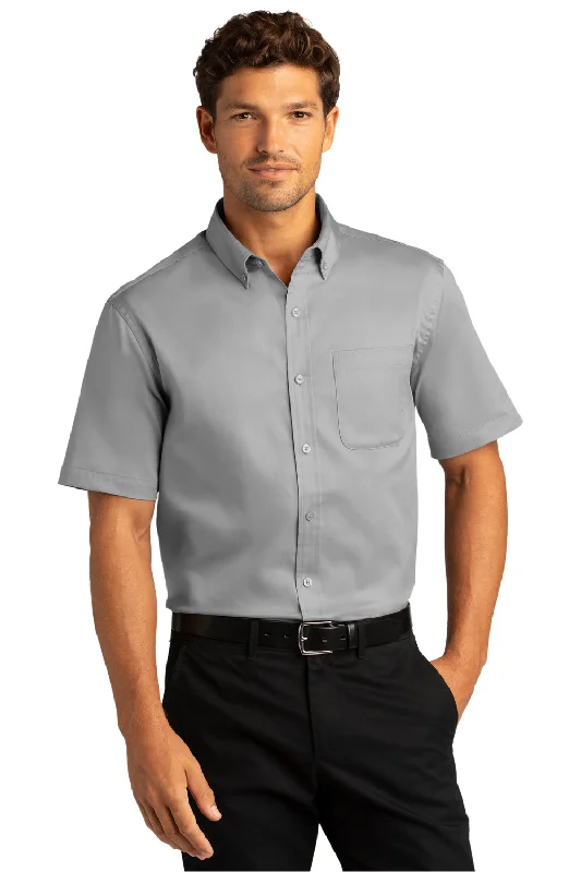 Port Authority Mens SuperPro Wrinkle Resistant React Short Sleeve Button Down Shirt w/ Pocket - Gusty Grey