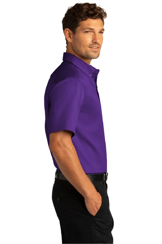 Port Authority Mens SuperPro Wrinkle Resistant React Short Sleeve Button Down Shirt w/ Pocket - Purple