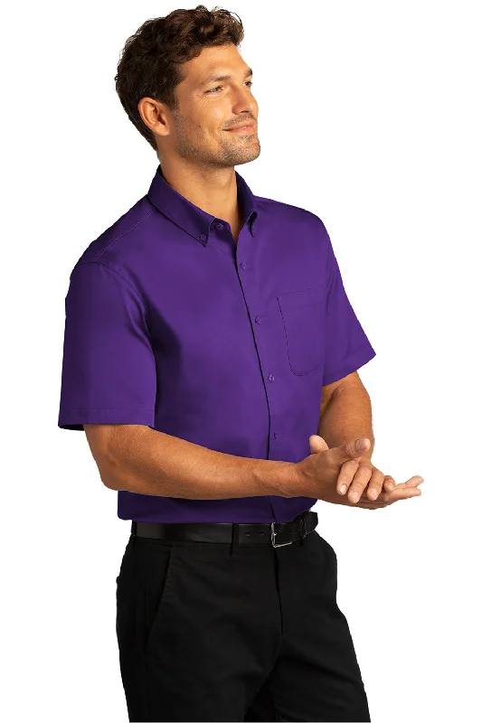 Port Authority Mens SuperPro Wrinkle Resistant React Short Sleeve Button Down Shirt w/ Pocket - Purple