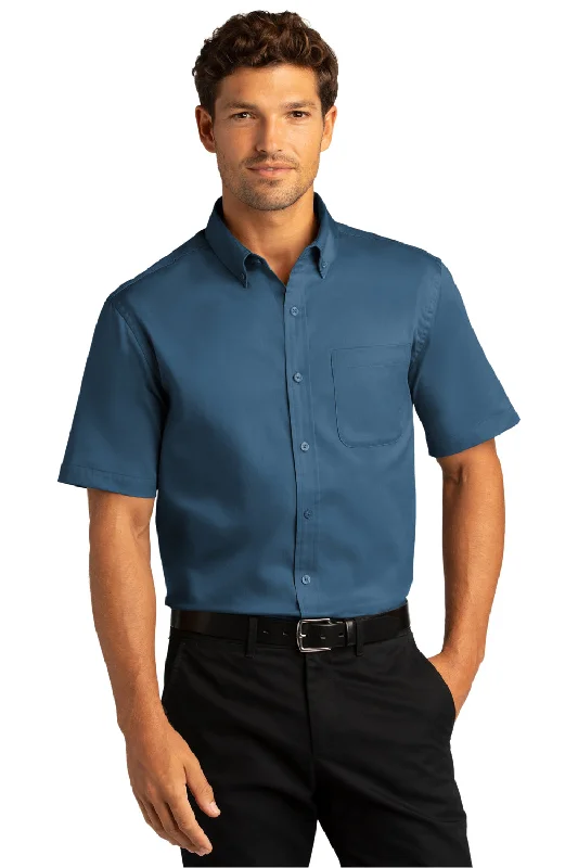 Port Authority Mens SuperPro Wrinkle Resistant React Short Sleeve Button Down Shirt w/ Pocket - Regatta Blue