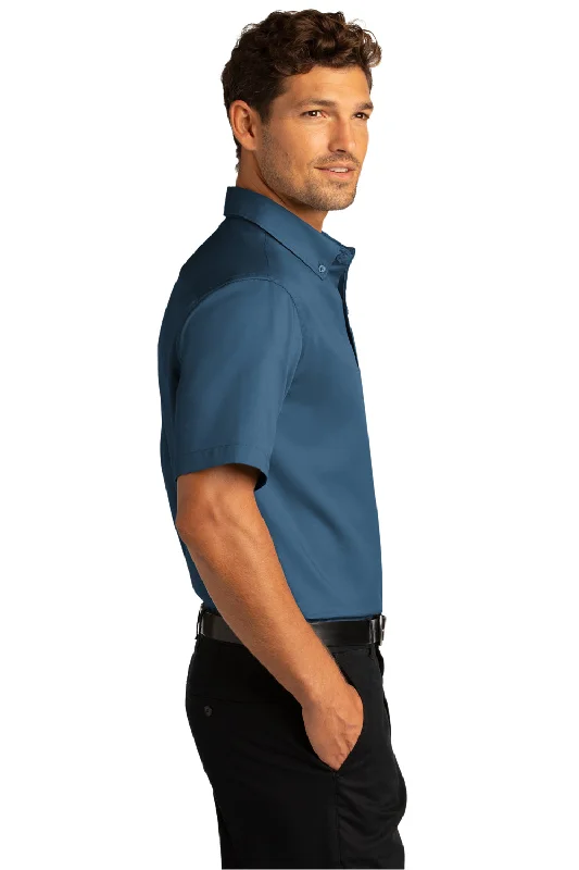 Port Authority Mens SuperPro Wrinkle Resistant React Short Sleeve Button Down Shirt w/ Pocket - Regatta Blue