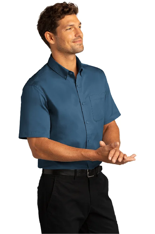 Port Authority Mens SuperPro Wrinkle Resistant React Short Sleeve Button Down Shirt w/ Pocket - Regatta Blue