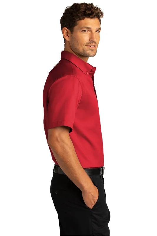 Port Authority Mens SuperPro Wrinkle Resistant React Short Sleeve Button Down Shirt w/ Pocket - Rich Red