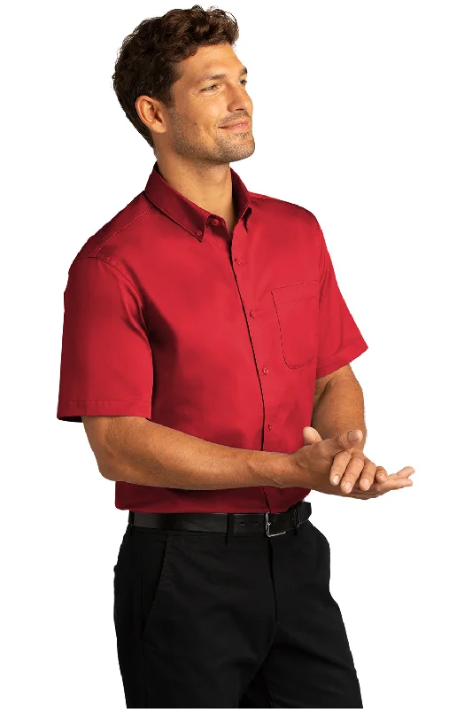 Port Authority Mens SuperPro Wrinkle Resistant React Short Sleeve Button Down Shirt w/ Pocket - Rich Red