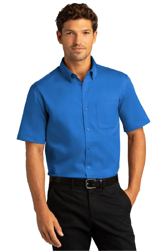 Port Authority Mens SuperPro Wrinkle Resistant React Short Sleeve Button Down Shirt w/ Pocket - Strong Blue