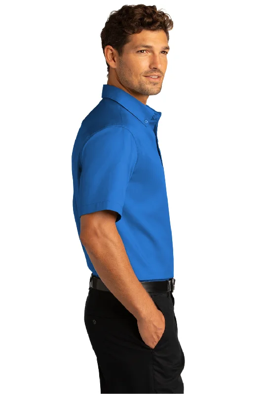 Port Authority Mens SuperPro Wrinkle Resistant React Short Sleeve Button Down Shirt w/ Pocket - Strong Blue