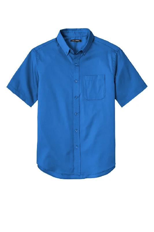 Port Authority Mens SuperPro Wrinkle Resistant React Short Sleeve Button Down Shirt w/ Pocket - Strong Blue