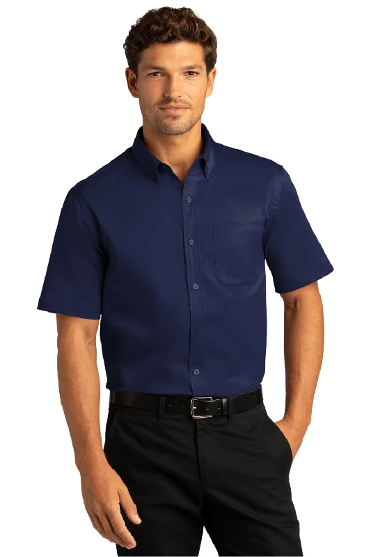 Port Authority Mens SuperPro Wrinkle Resistant React Short Sleeve Button Down Shirt w/ Pocket - True Navy Blue