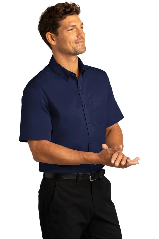 Port Authority Mens SuperPro Wrinkle Resistant React Short Sleeve Button Down Shirt w/ Pocket - True Navy Blue