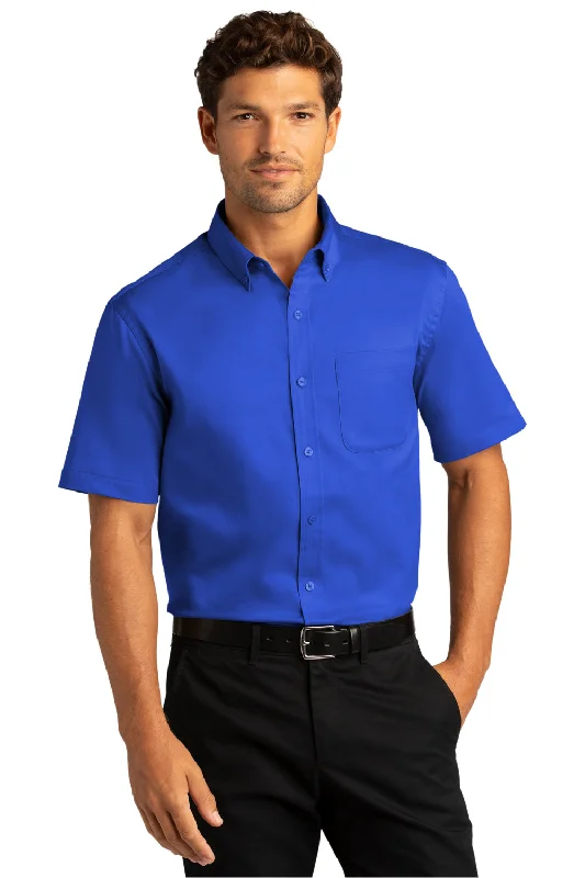 Port Authority Mens SuperPro Wrinkle Resistant React Short Sleeve Button Down Shirt w/ Pocket - True Royal Blue