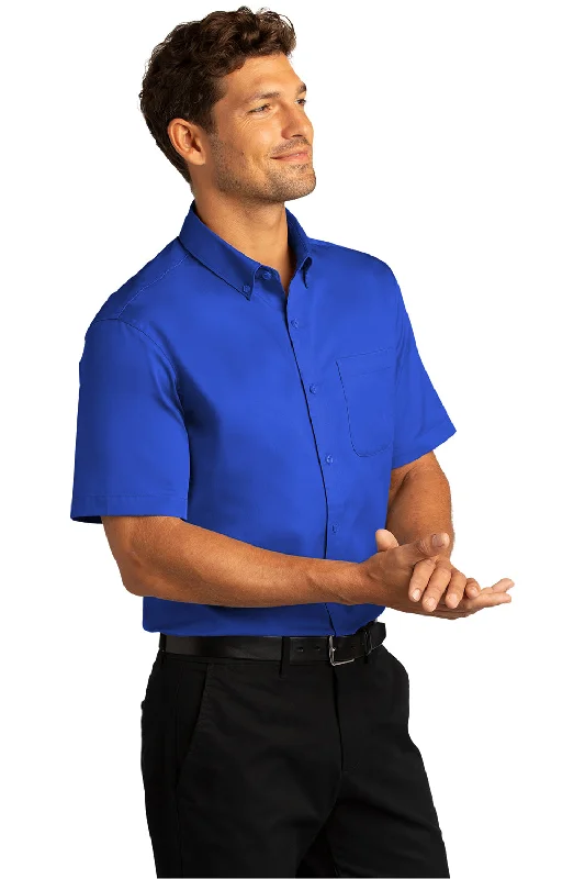 Port Authority Mens SuperPro Wrinkle Resistant React Short Sleeve Button Down Shirt w/ Pocket - True Royal Blue