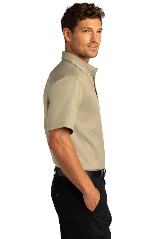 Port Authority Mens SuperPro Wrinkle Resistant React Short Sleeve Button Down Shirt w/ Pocket - Wheat