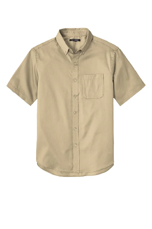 Port Authority Mens SuperPro Wrinkle Resistant React Short Sleeve Button Down Shirt w/ Pocket - Wheat