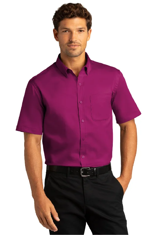 Port Authority Mens SuperPro Wrinkle Resistant React Short Sleeve Button Down Shirt w/ Pocket - Wild Berry