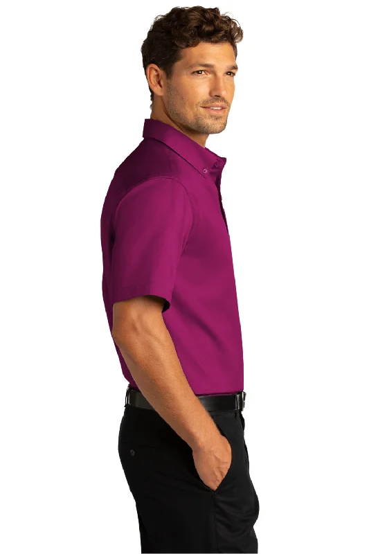 Port Authority Mens SuperPro Wrinkle Resistant React Short Sleeve Button Down Shirt w/ Pocket - Wild Berry